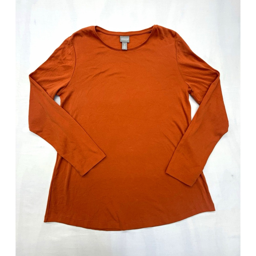 Chico's Women's Orange Solid Knit Long Sleeve Round Neck Pullover Cotton Tee 2/L